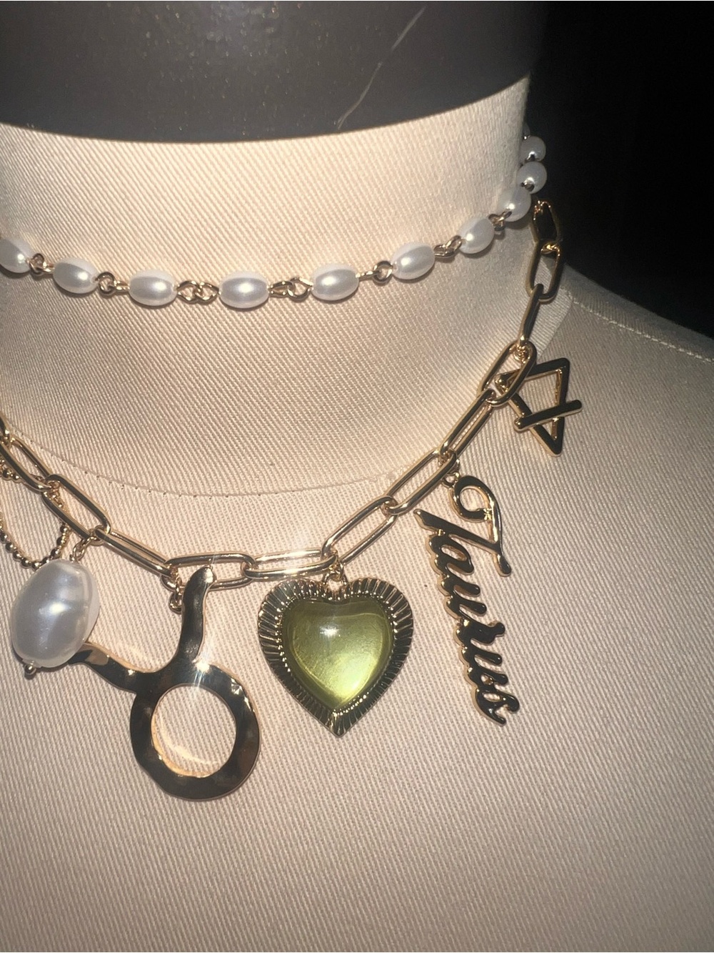 Gold Charm Link Necklace w/Green Heart& Pearl Accent-Jewelry by Free People - Picture 2 of 5